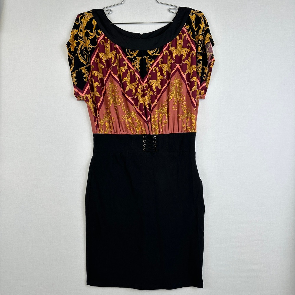 2b Bebe Bodycon Dress Baroque Print Black Pink Gold Women's M